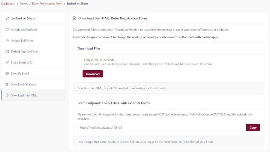 Hoofpick Biz - Download Html Code - Form Endpoint