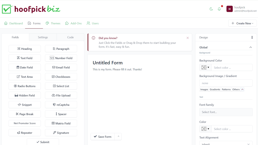 Hoofpick Biz - Form Builder - User Interface